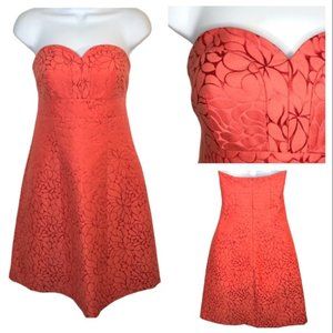 J.Crew Floral Sweetheart Strapless Dress Embossed Embroidered Fit Flare Coral 2